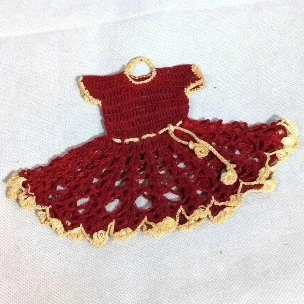 Red and Cream Vintage Crochet Barbie Dress Handmade